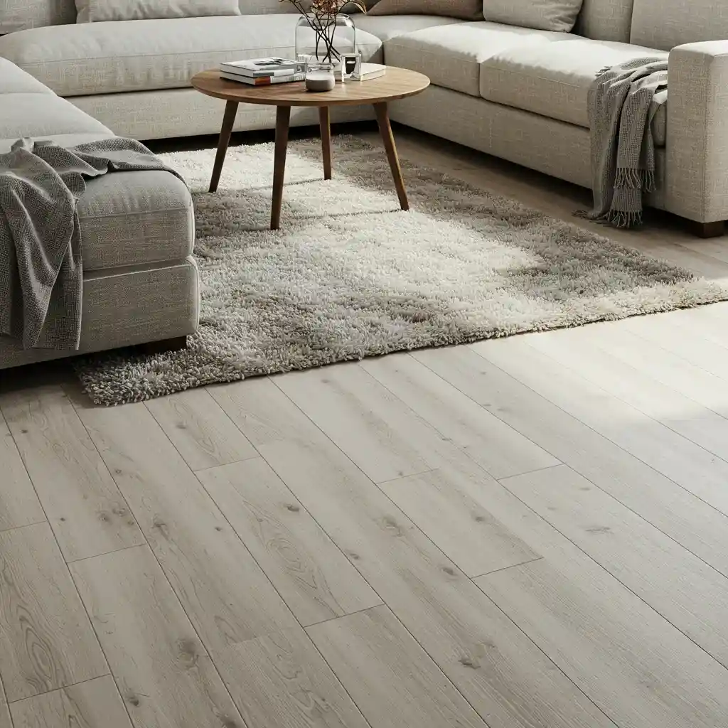 Beautiful, wide-plank, light oak hardwood flooring in a modern rustic farmhouse living room.