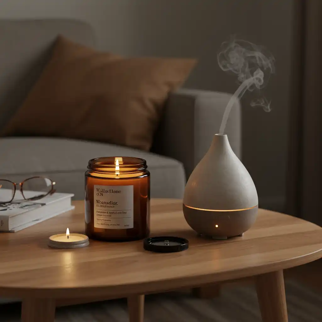 A cozy living room with a scented candle and an essential oil diffuser creating a warm, comforting ambiance.