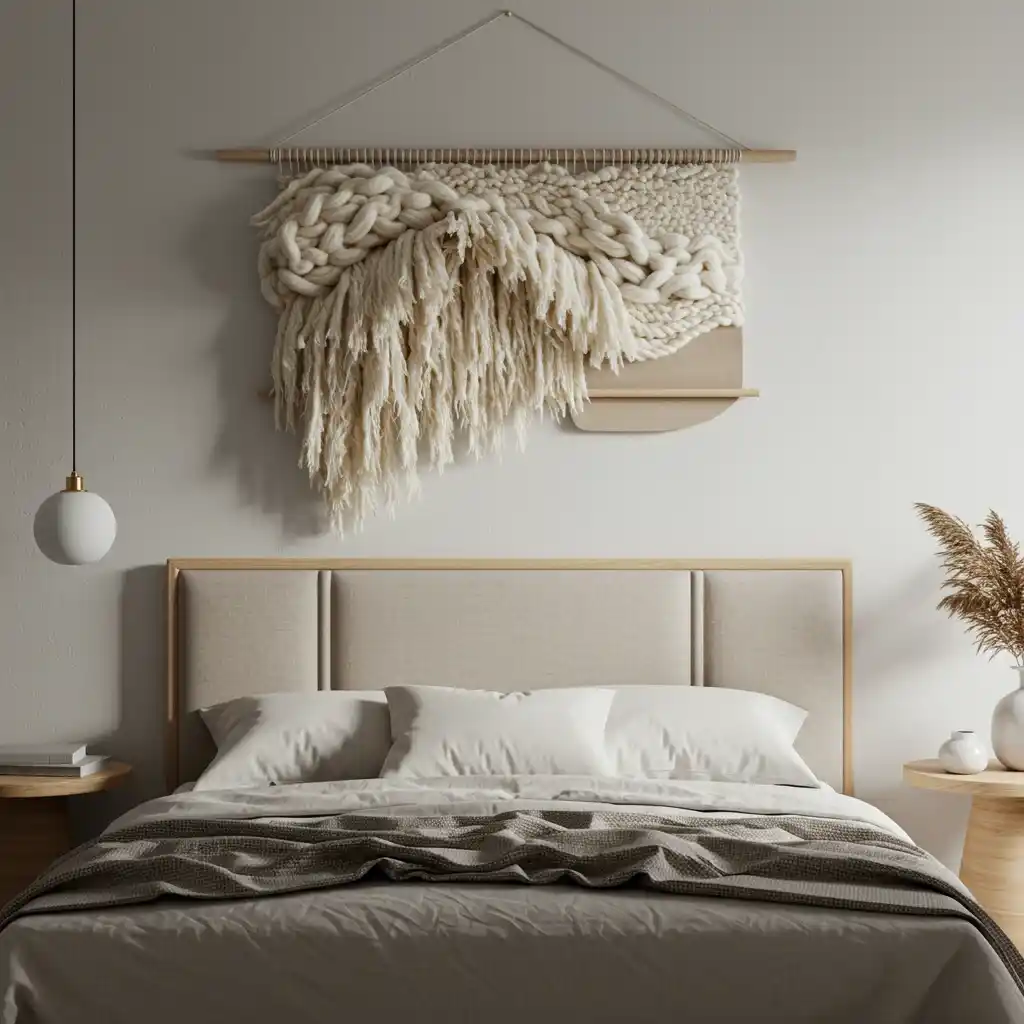 A large, simple, and textural, neutral-colored yarn wall hanging used as a focal point in a fall bedroom.