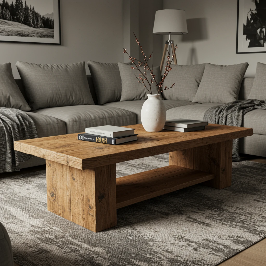 A modern farmhouse living room grounded by a large, rustic, solid wood coffee table.