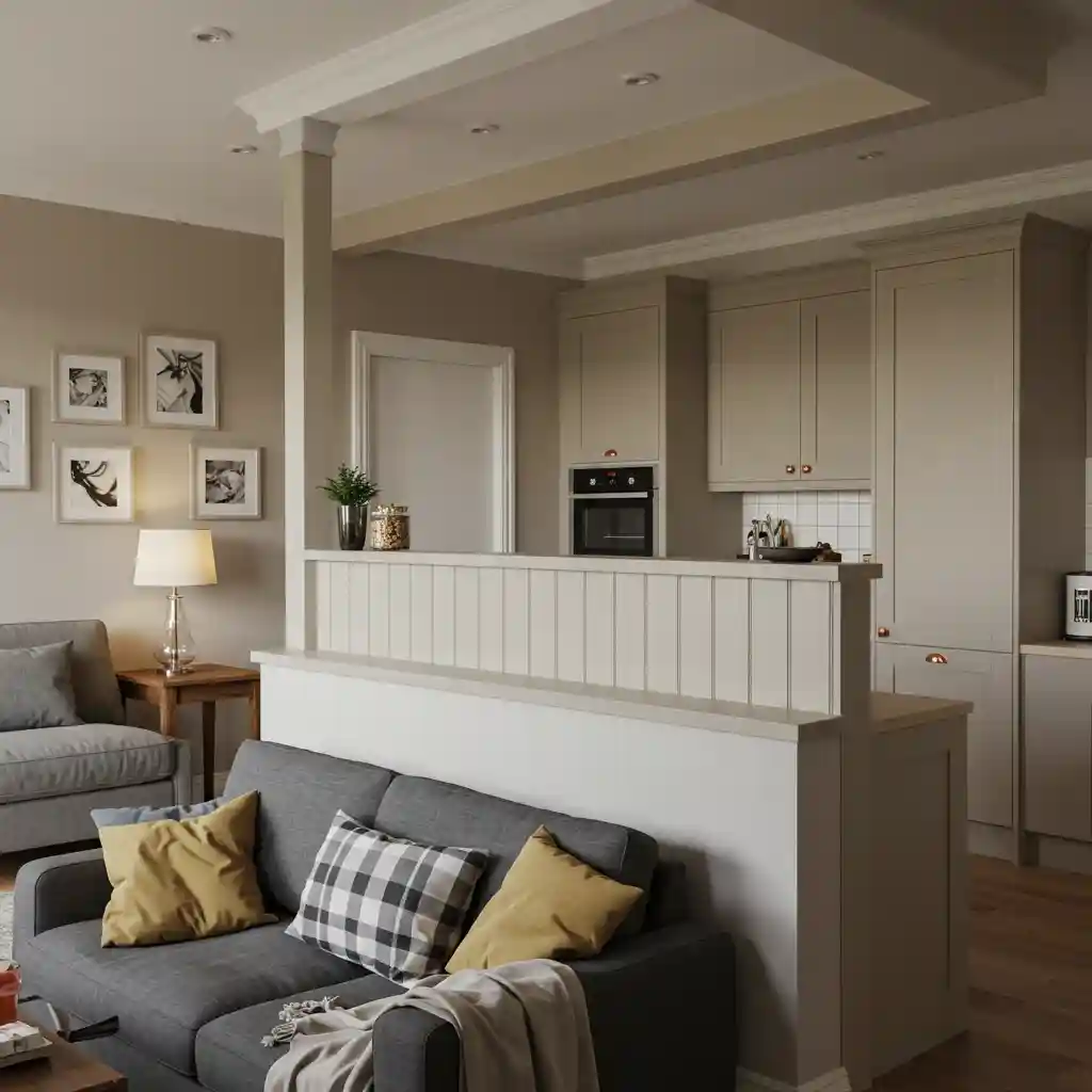 A smart open-plan layout using a half-wall as an architectural divider between the kitchen and living room.