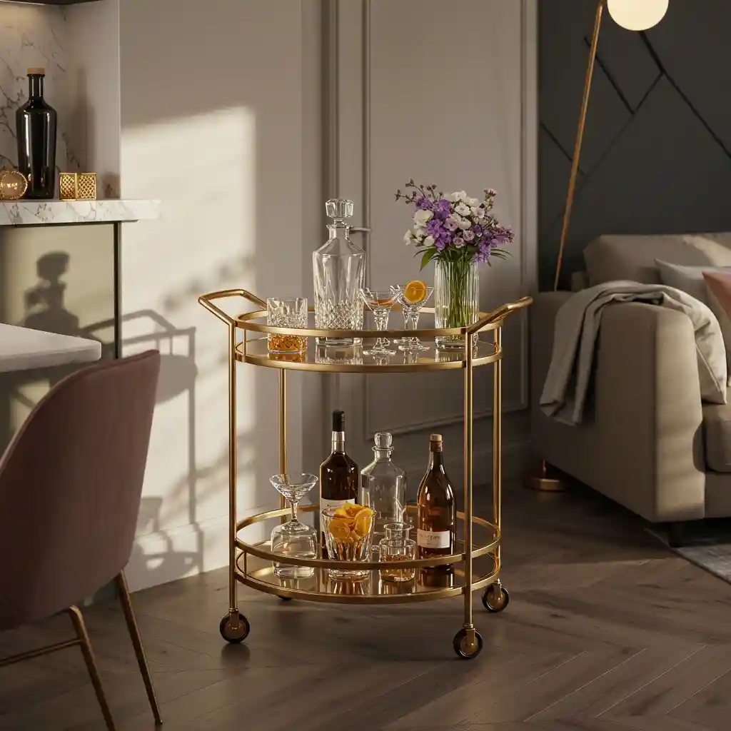 A glamorous, round, gold-finished bar cart used as a flexible social hub in an open living room.