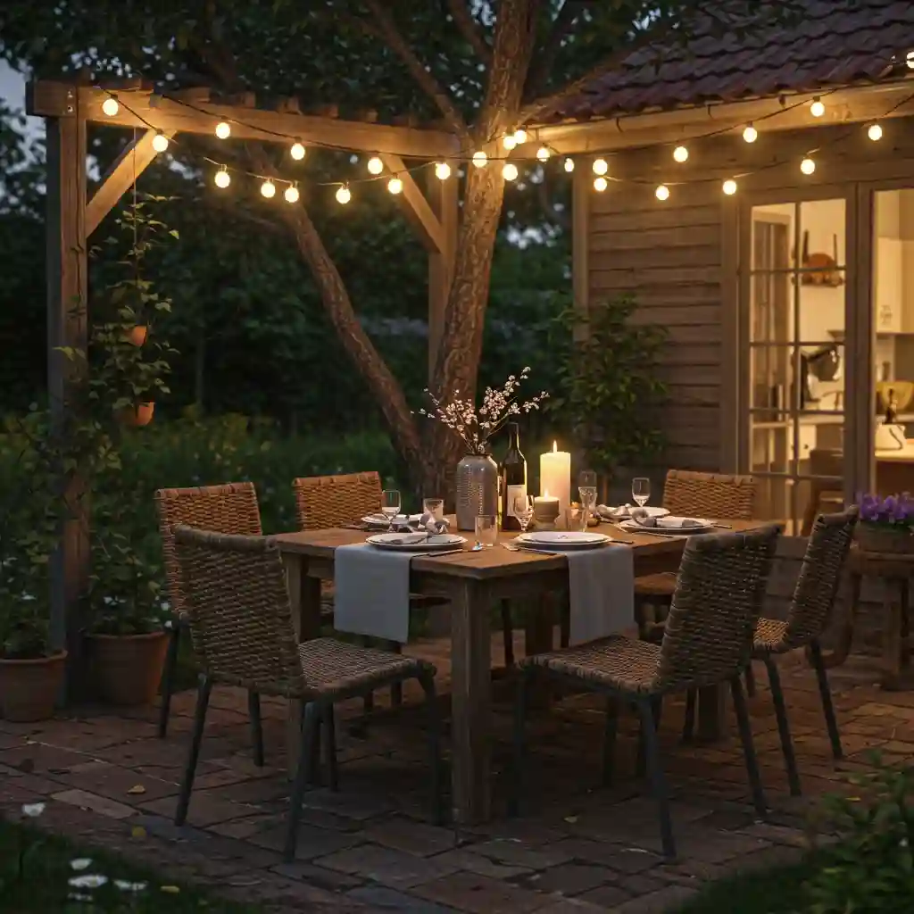 A backyard landscaping idea featuring a charming al fresco dining area under string lights.