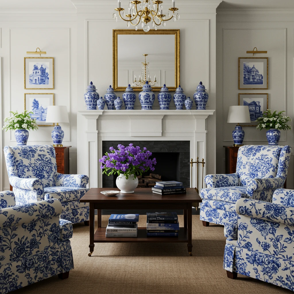 An elegant Southern living room decorated in a classic blue and white color palette with floral chintz and ginger jars.