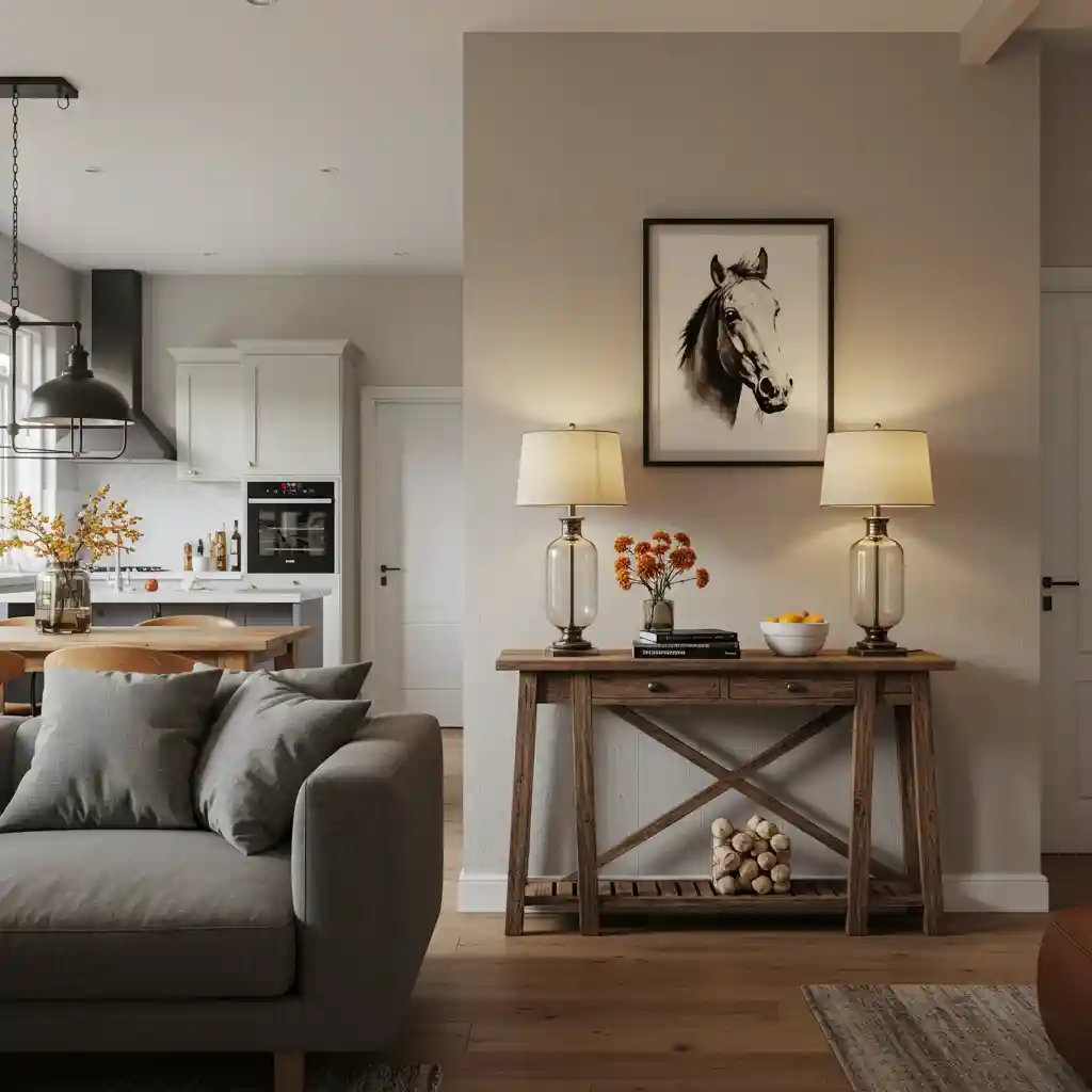 A smart open-plan layout using a console table behind the sofa to create a clear divider.