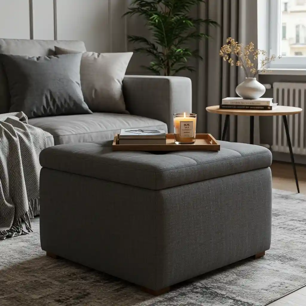 A multi-functional storage ottoman being used as a coffee table in a one-bedroom apartment.