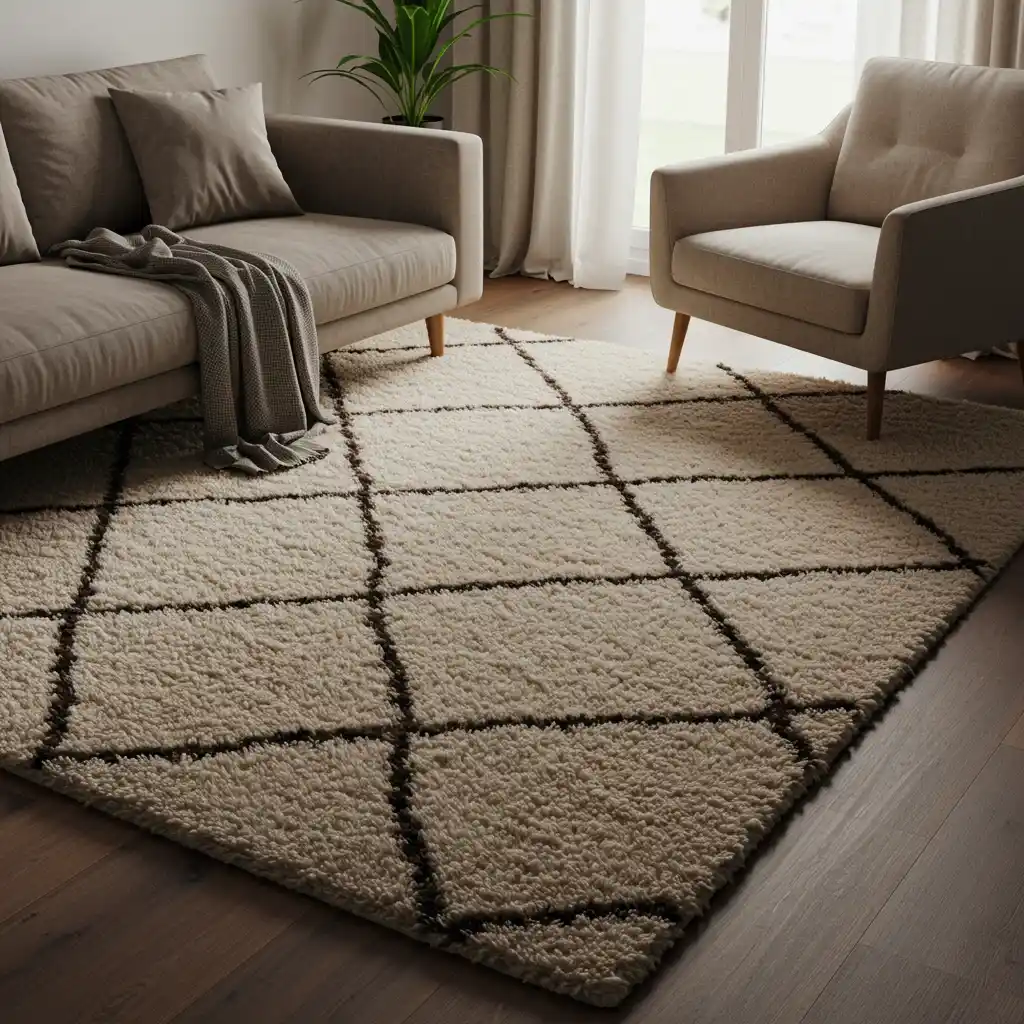 A cozy living room anchored by a plush, high-pile, white and black patterned wool area rug.