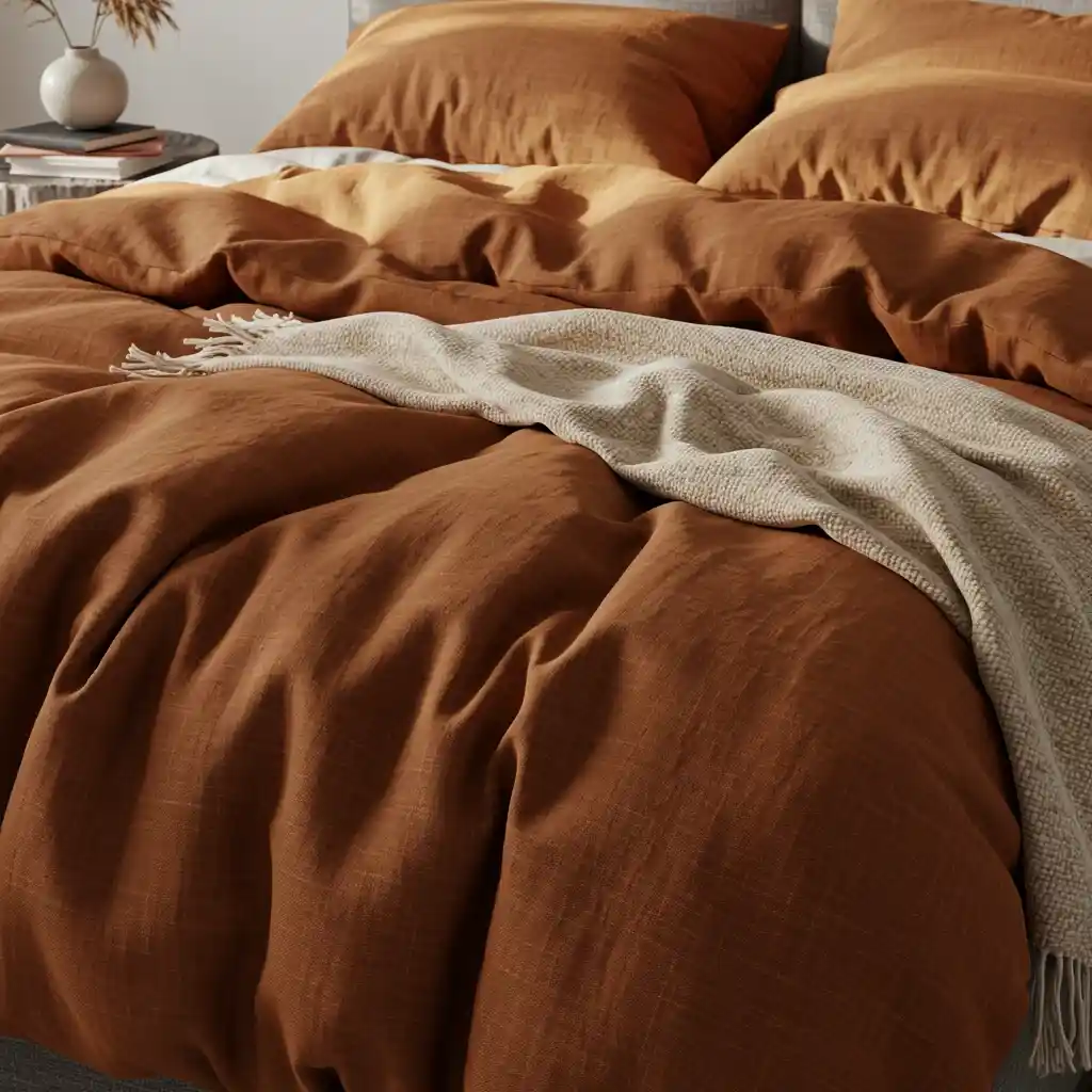A neutral fall bedroom with a bed made up in beautiful, earthy, rust-colored linen bedding.