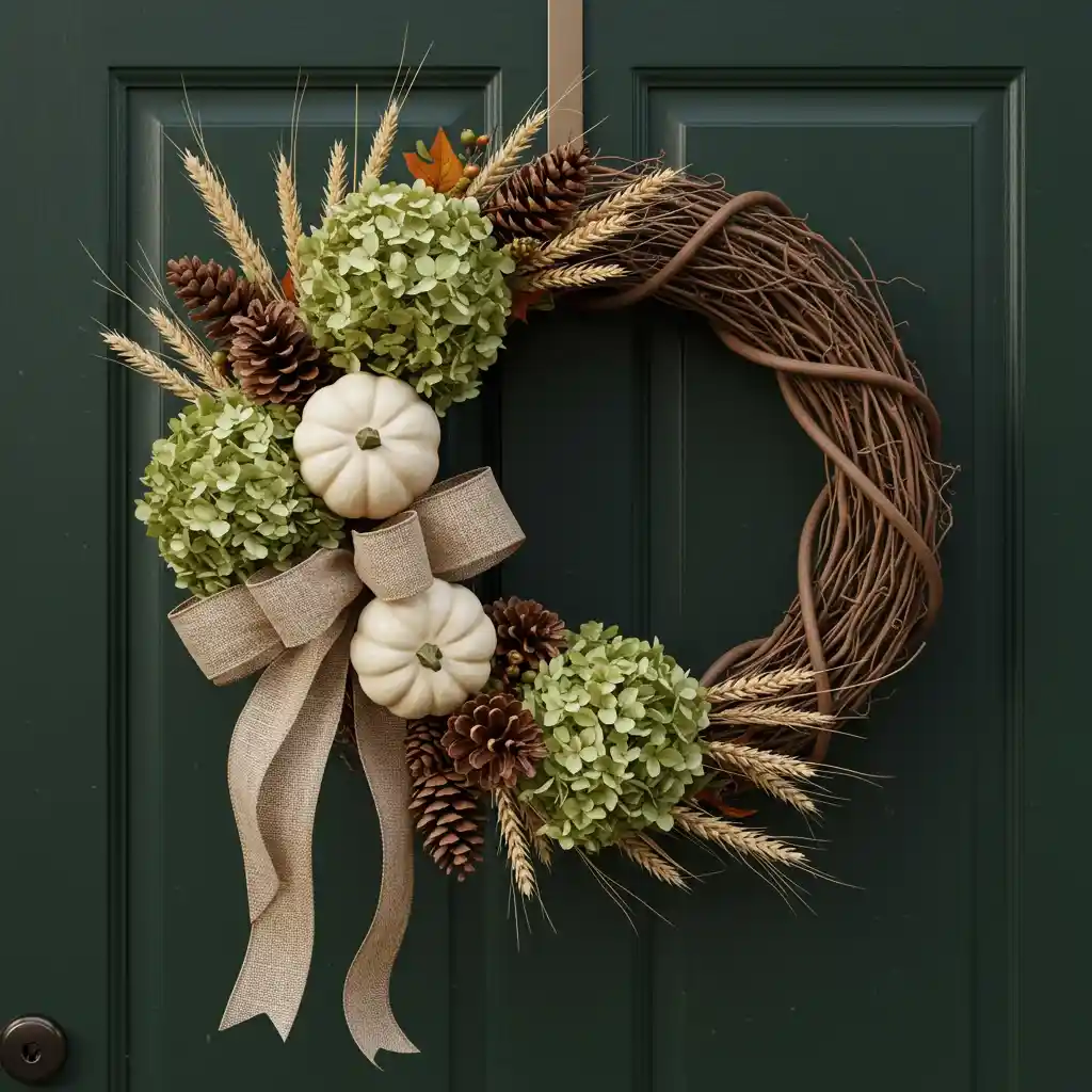 A charming and natural autumn wreath made of dried hydrangeas and white pumpkins on a front door.