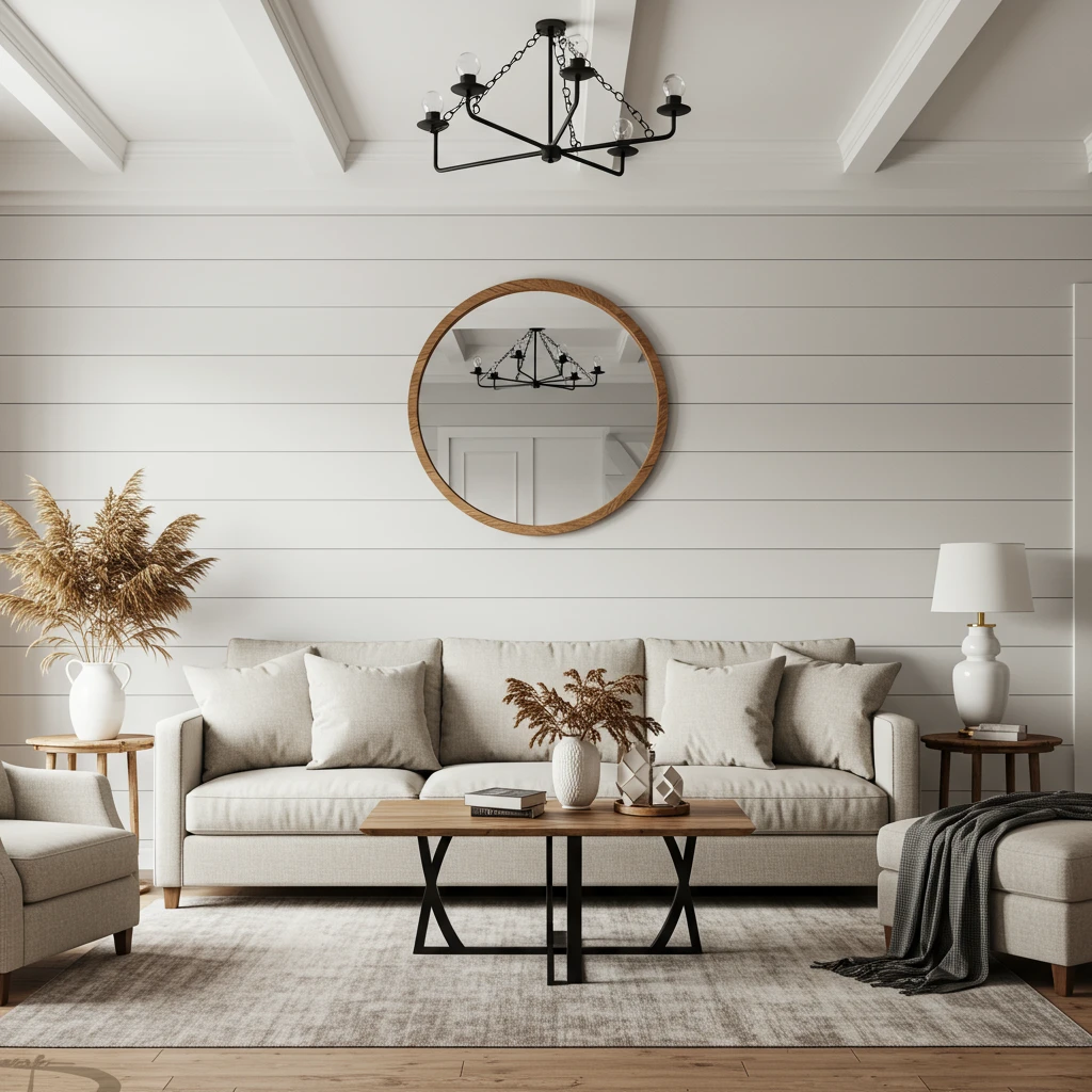 A Joanna Gaines-inspired living room with a white shiplap accent wall behind the sofa.