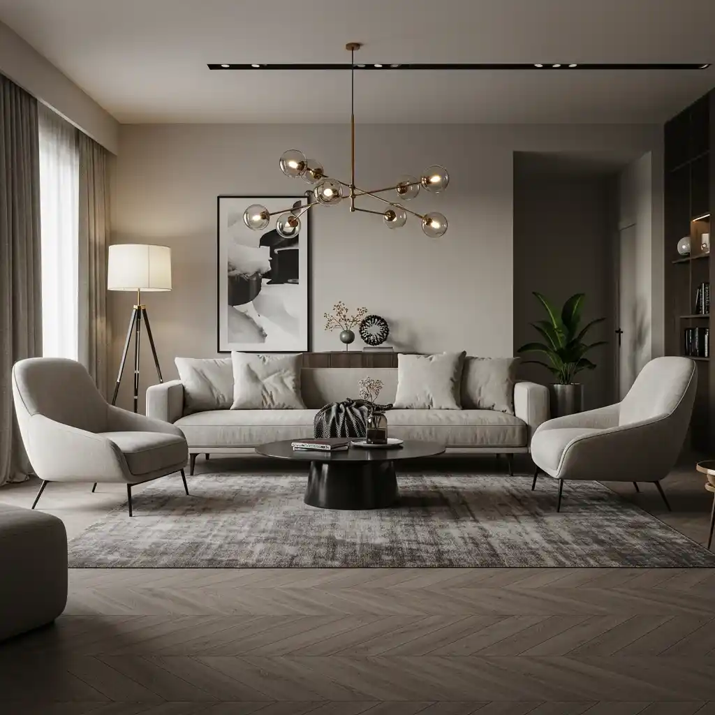 A big living room with a floating furniture layout, where the sofa and chairs are pulled away from the walls.