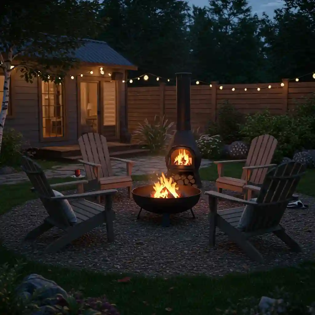A cozy backyard landscaping idea showing a modern fire pit area with Adirondack chairs.
