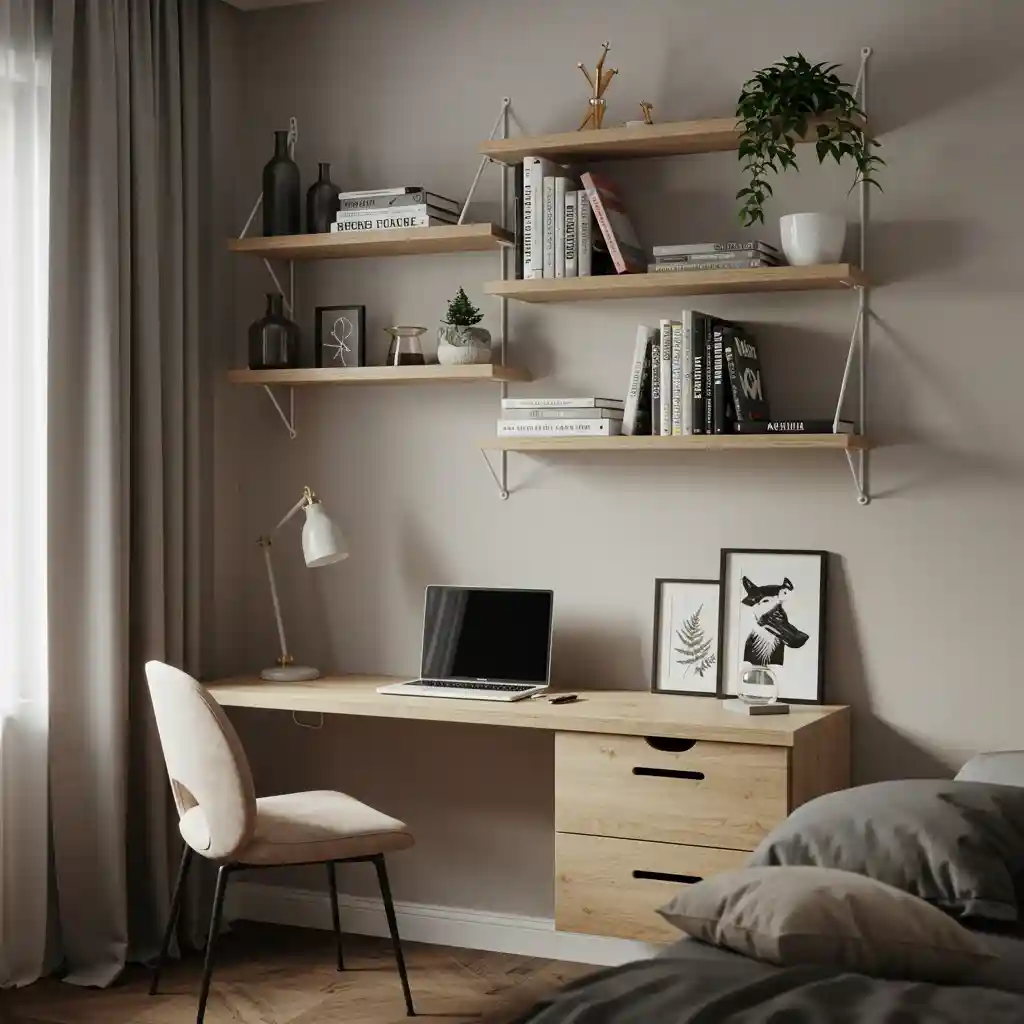 A small apartment maximizing storage with vertical, wall-mounted floating shelves.