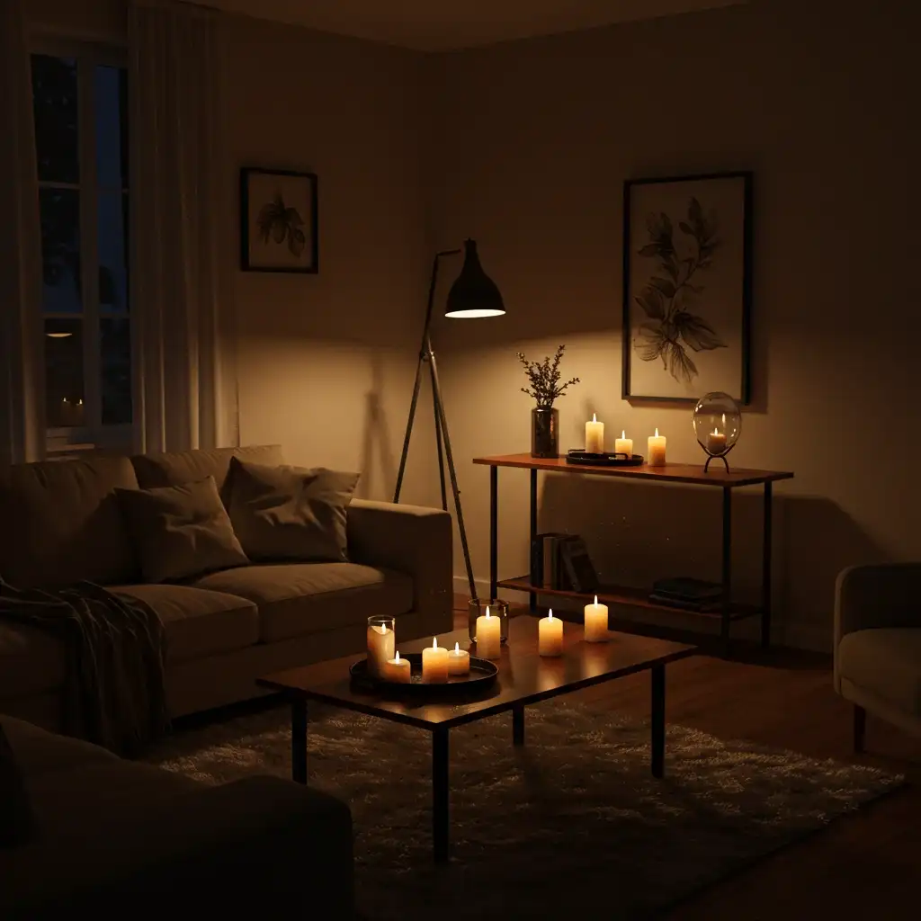 A cozy living room at night with a layered, ambient lighting scheme from multiple warm lamps creating a soft glow.