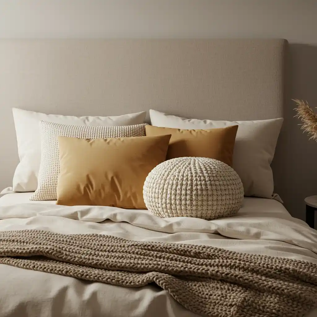 A neutral fall bed styled with a mix of luxurious, textural accent pillows in velvet and boucle.