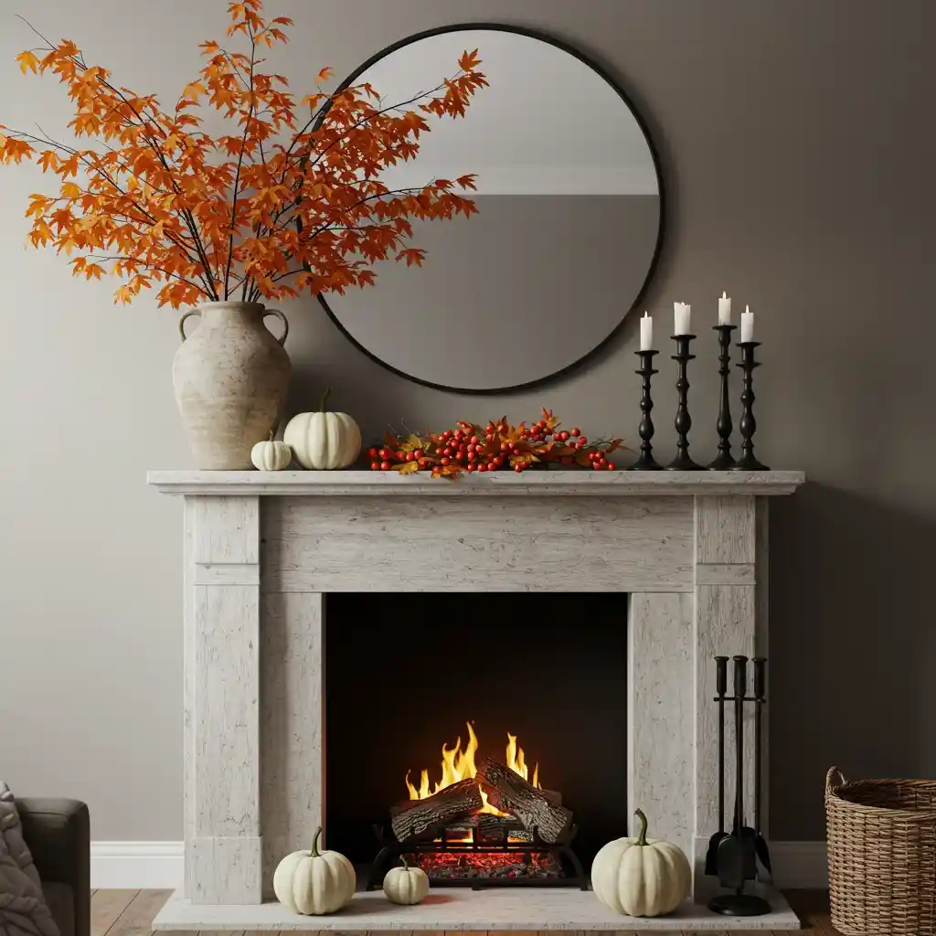 A charming, harvest-inspired autumn mantel decorated with branches, candles, and heirloom pumpkins.