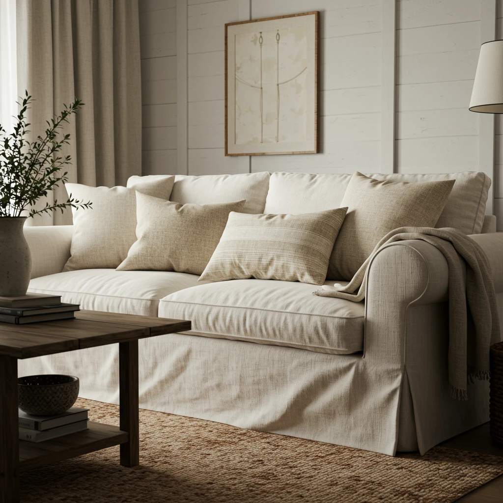 A cozy Joanna Gaines-style living room anchored by a comfortable, white slipcovered sofa.