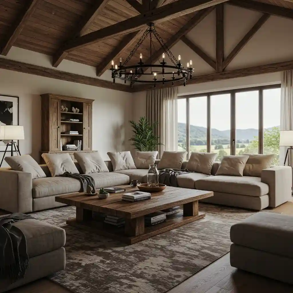 A big living room idea featuring oversized, statement furniture, including a large sectional sofa and coffee table.