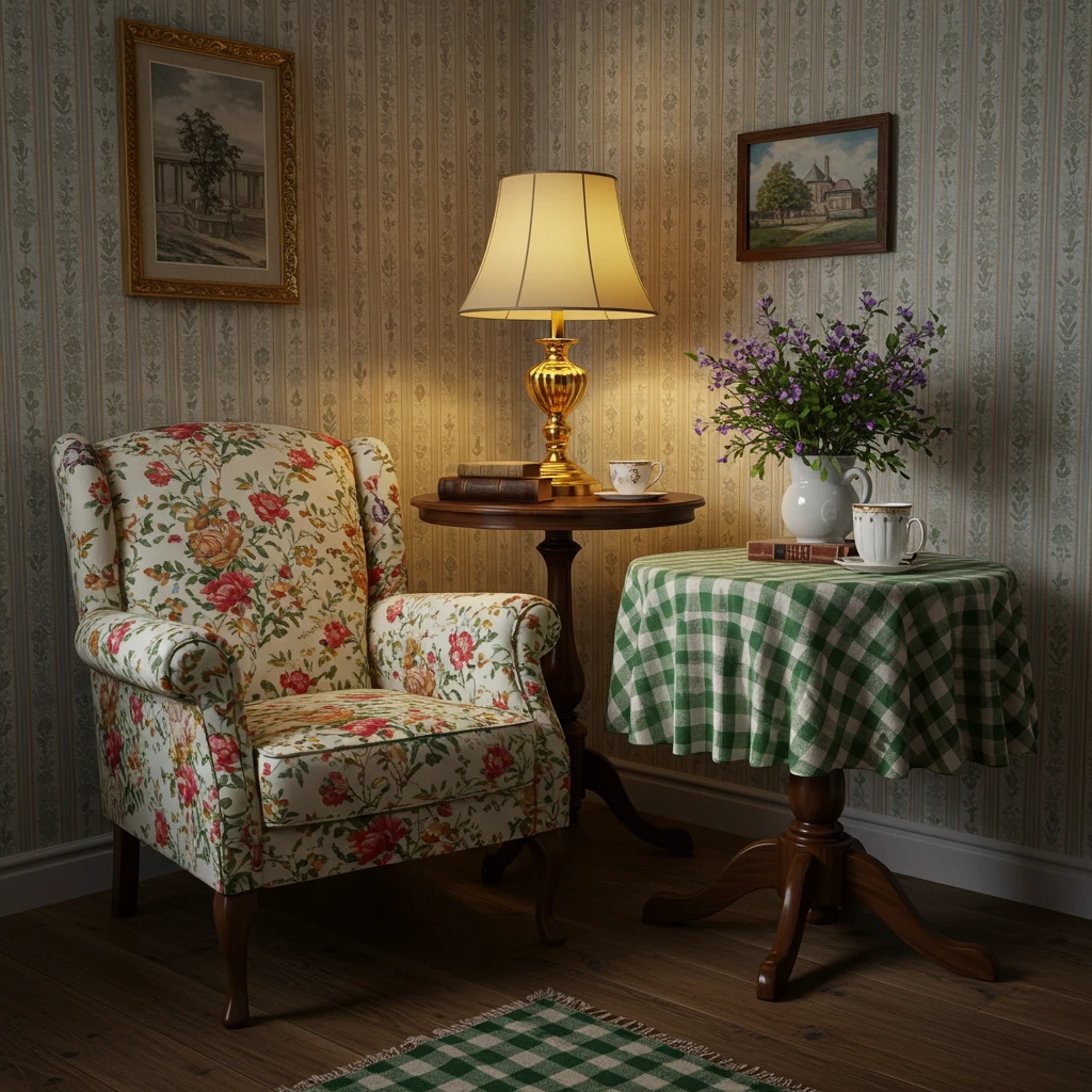 A colorful, layered room corner decorated in the Grandmillennial style with mixed floral, check, and stripe patterns.