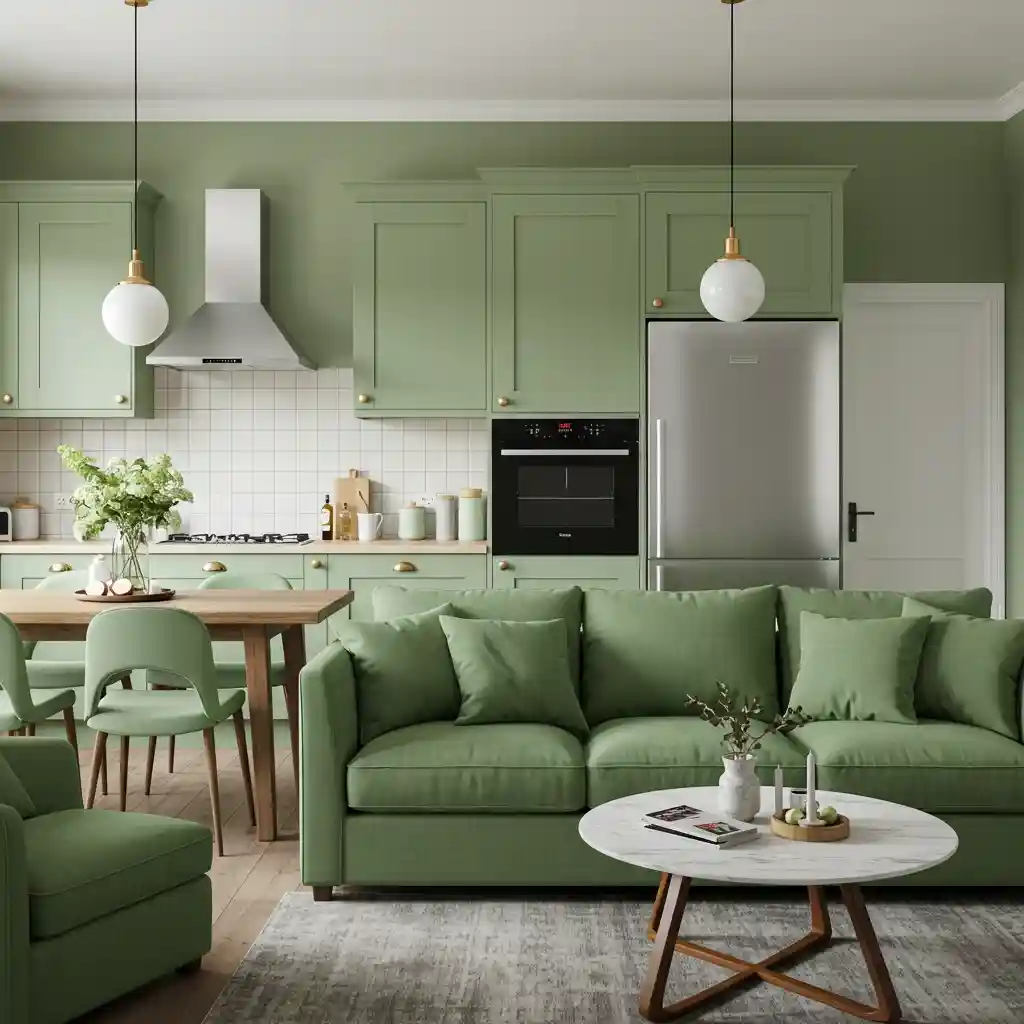 A cohesive open-plan living room and kitchen tied together with a consistent color palette of sage green.