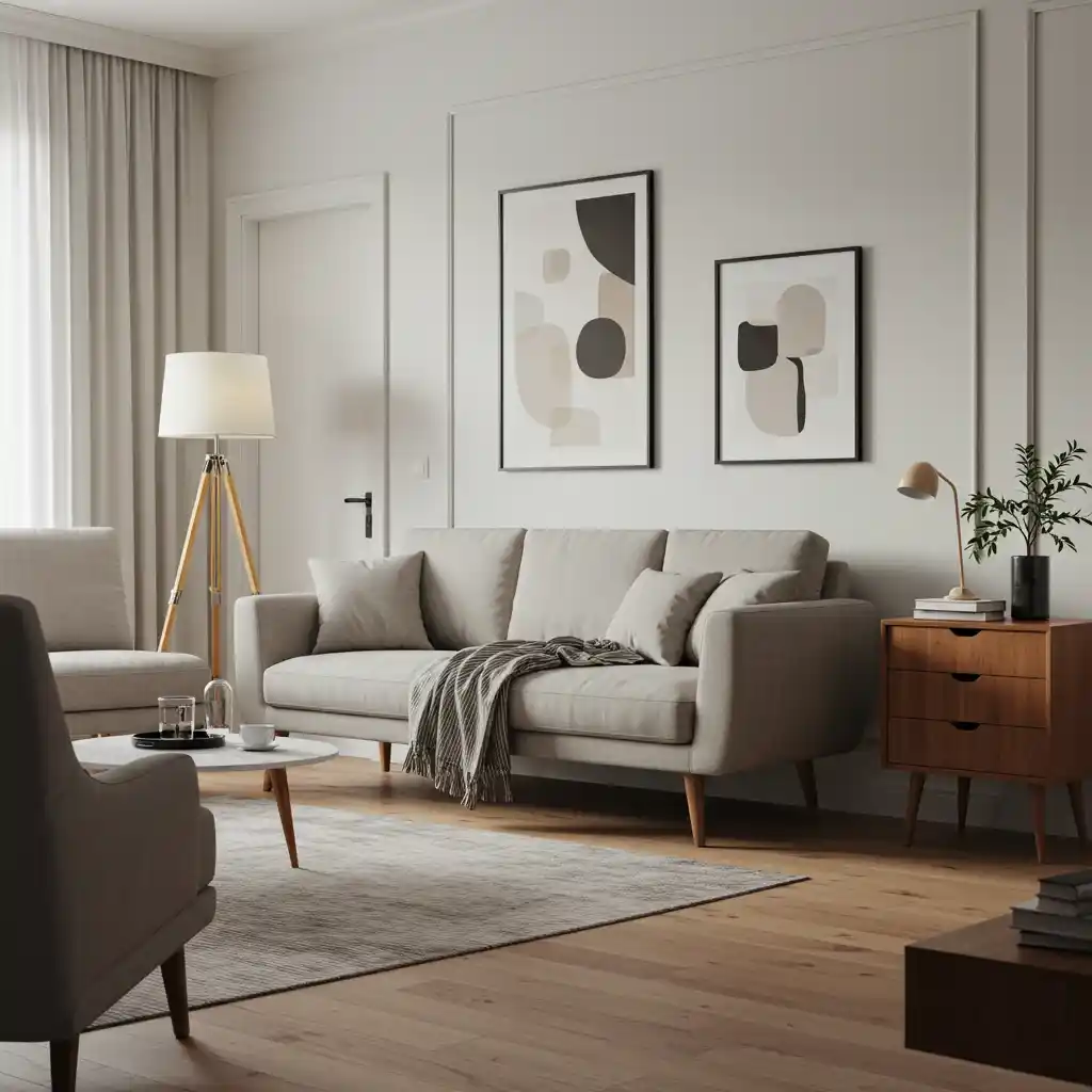 A one-bedroom apartment living room with "leggy" furniture that creates a sense of spaciousness.