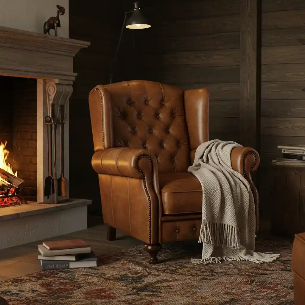 A warm and worn, cognac leather armchair adding a rustic, sophisticated touch to a living room.