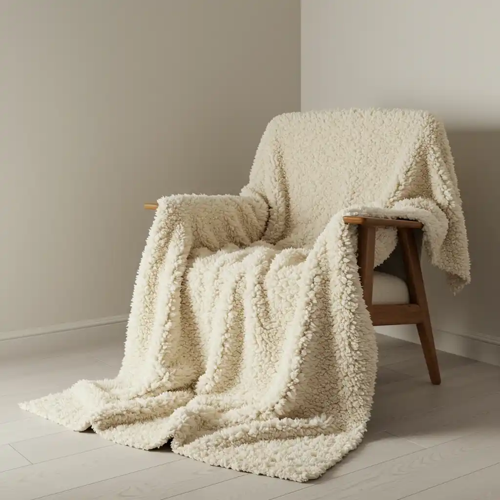 a cozy neutral fall bedroom with a plush, white faux sheepskin rug draped over an accent chair.