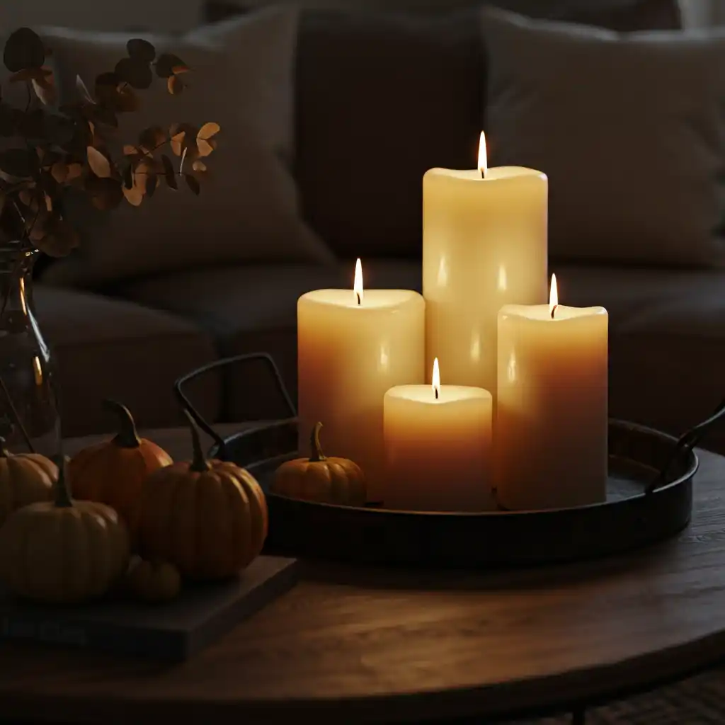 A cozy autumn scene with a group of lit, flickering pillar candles on a dark metal tray.
