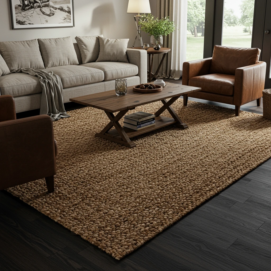 A large, textural jute area rug grounding the seating area in a Joanna Gaines-inspired living room.