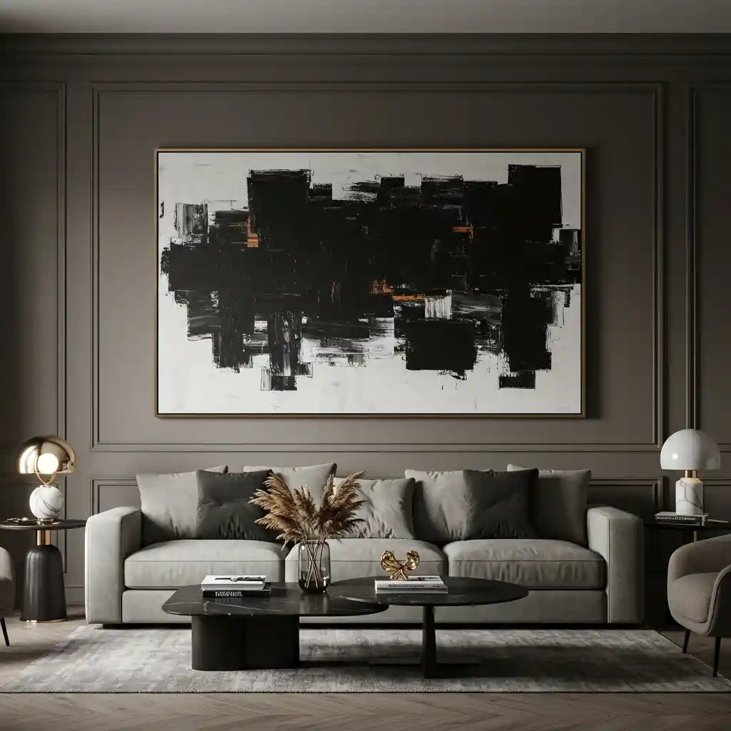 A big living room idea showcasing a dramatic, oversized piece of abstract art as a focal point.