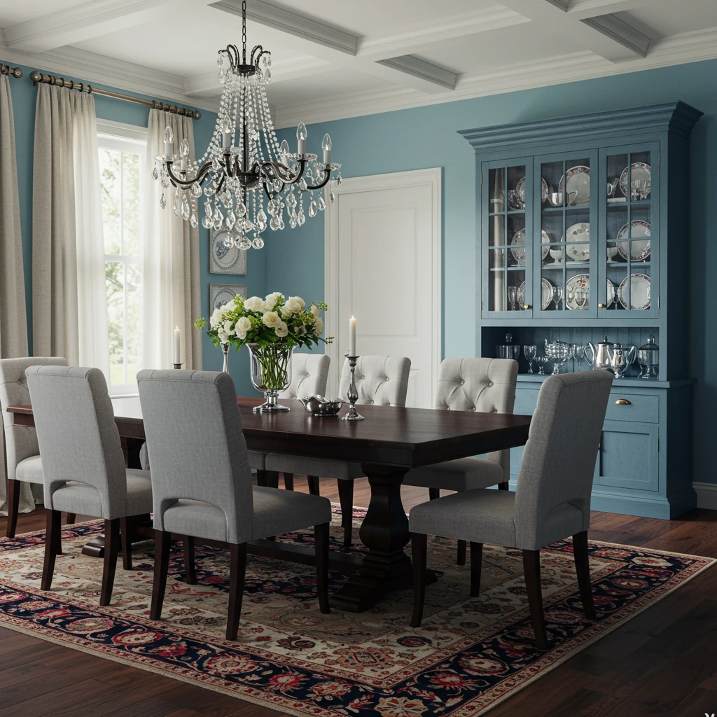 An elegant and formal Southern dining room with a crystal chandelier and a large wood table.