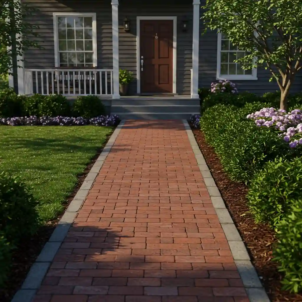 A simple and classic brick walkway leading to the front door of a home.