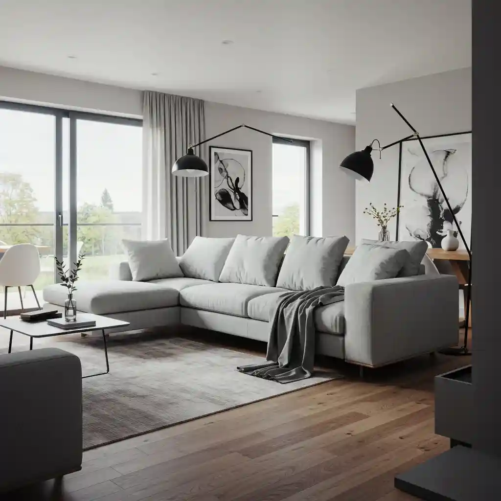 A large, L-shaped sectional sofa used to define a cozy corner in an open living room.
