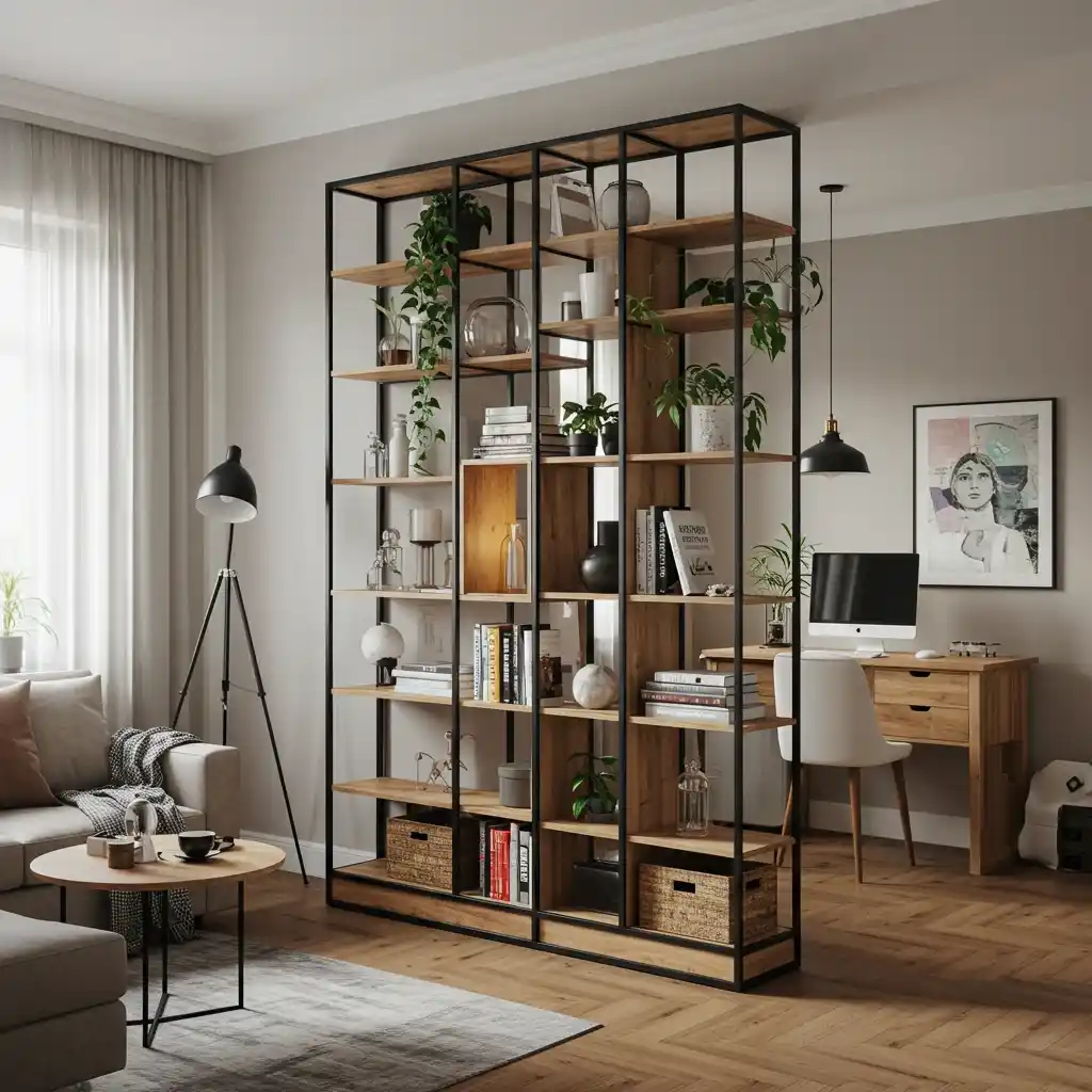 A tall, open-backed bookcase used as a stylish and functional room divider in a one-bedroom apartment.