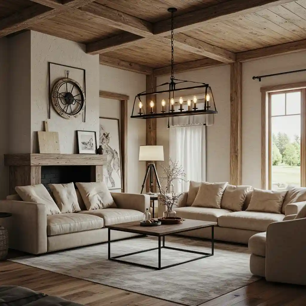 A modern rustic living room with sleek, black metal accents in the chandelier and coffee table frame.