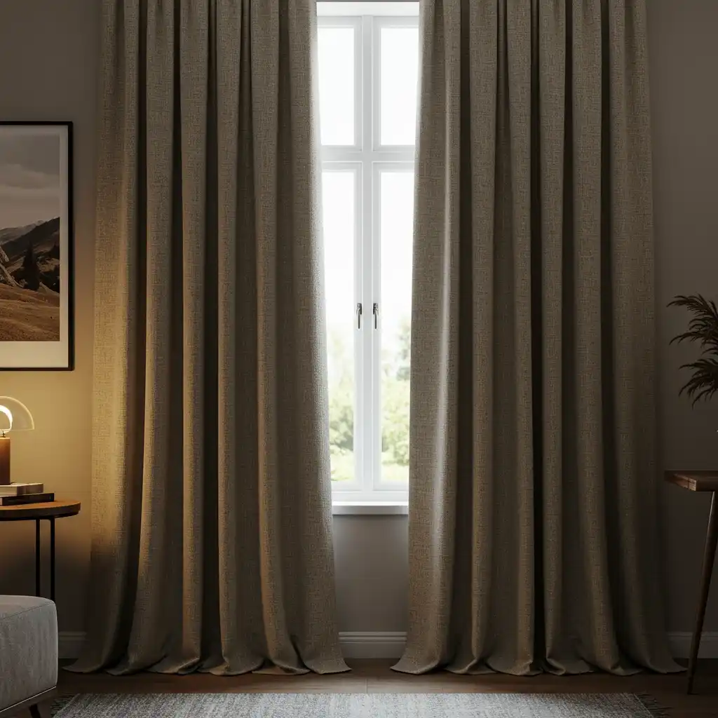 A cozy living room with heavy, textural, floor-length linen curtains softening a window.