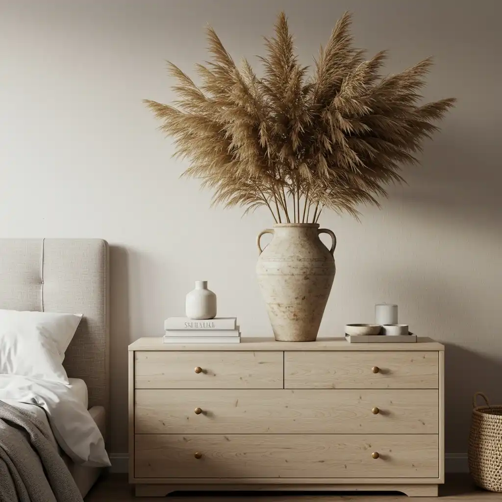 A neutral fall bedroom decorated with a large, stylish vase of fluffy, dried pampas grass.