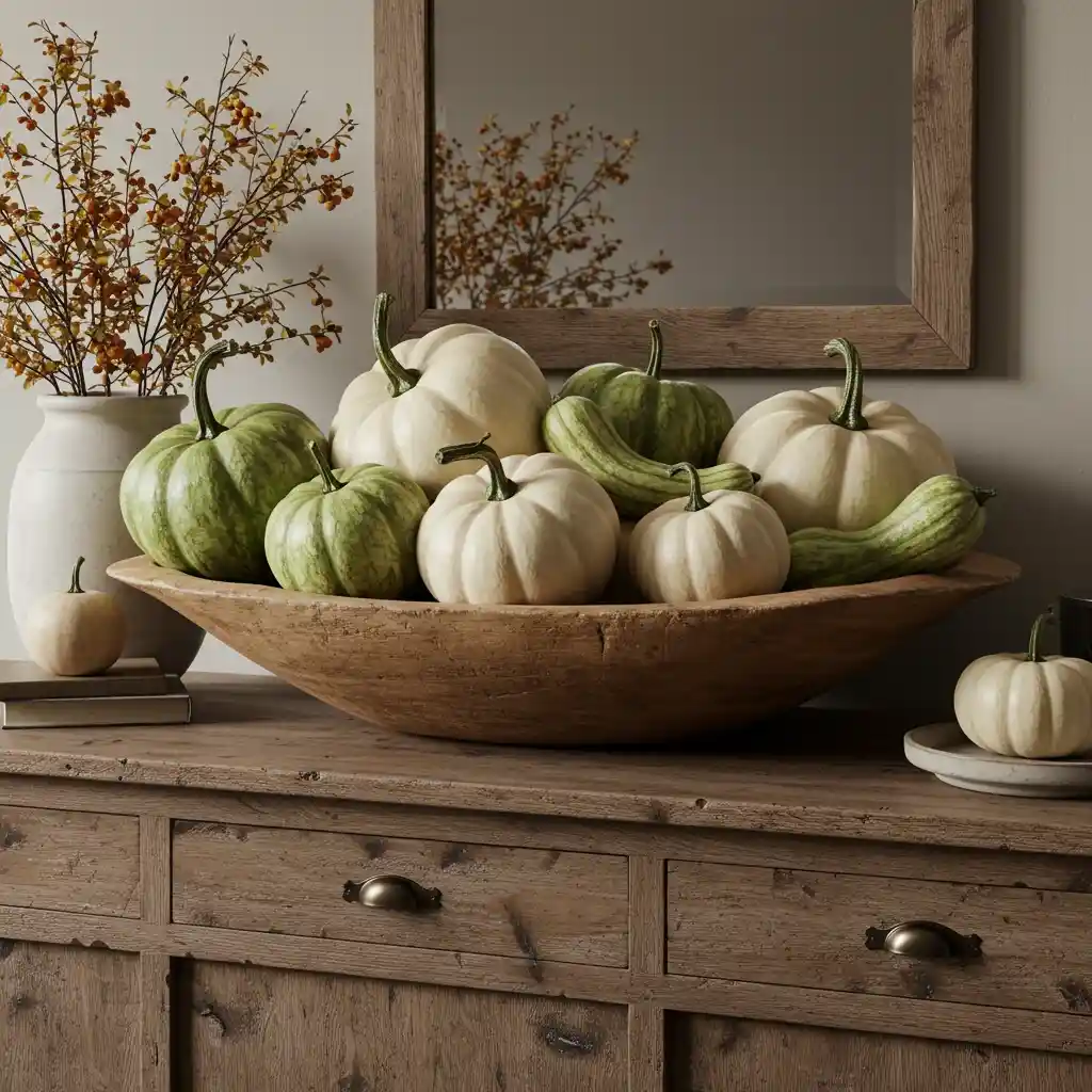 A charming autumn display featuring a collection of sophisticated, muted-tone heirloom pumpkins and gourds.