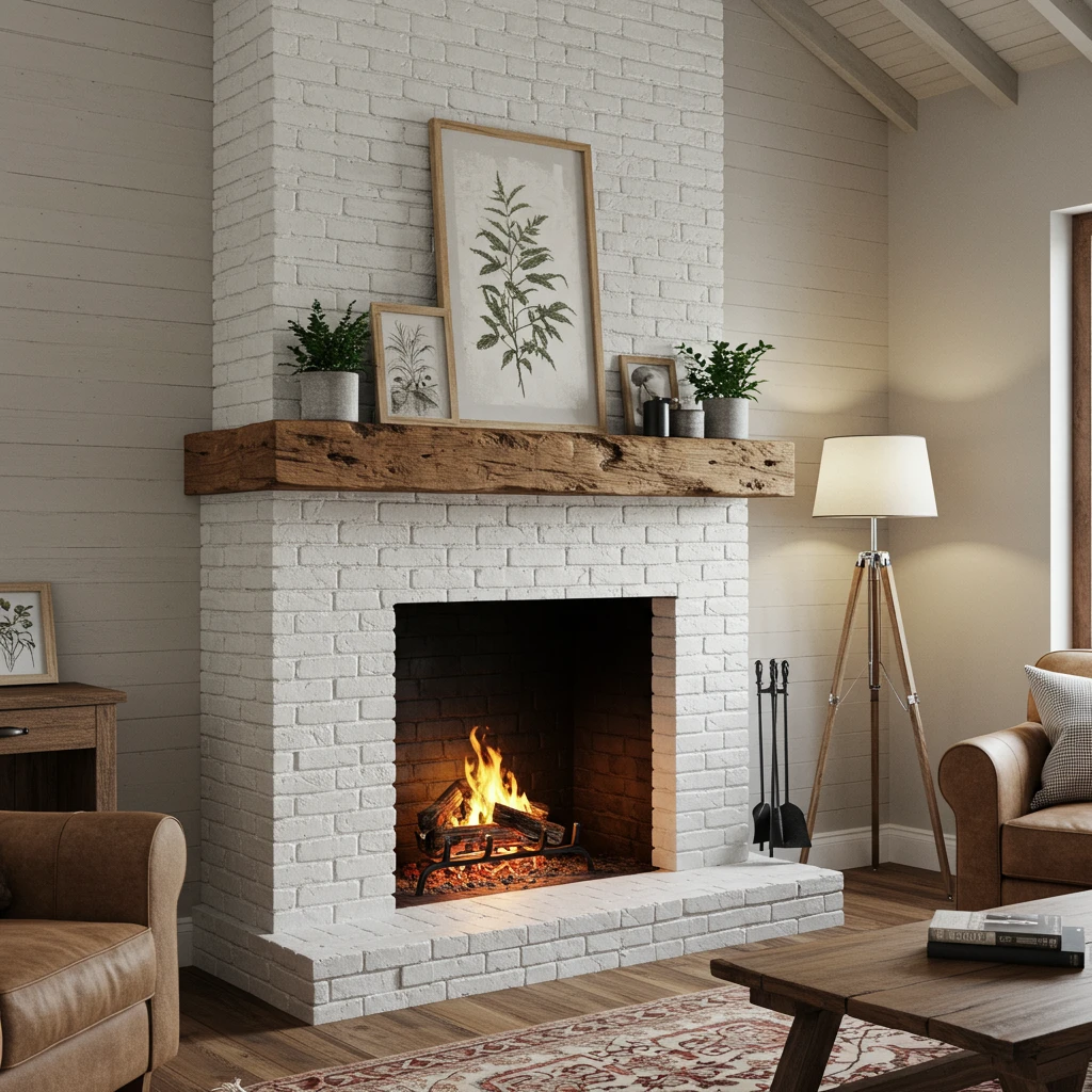 A rustic, reclaimed wood beam used as a fireplace mantel, a signature of Joanna Gaines's style.