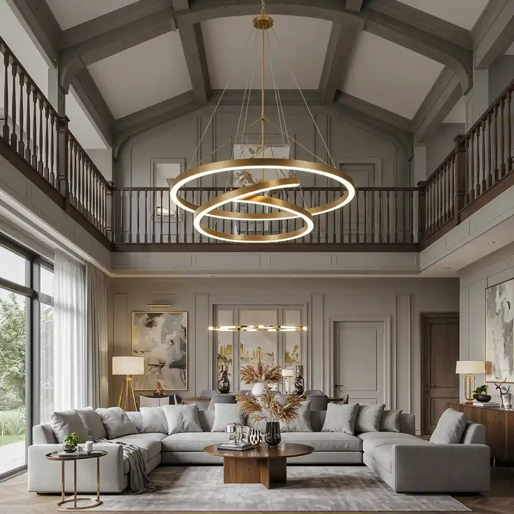 A big living room with a dramatic, large-scale chandelier that is properly scaled for the high ceilings.