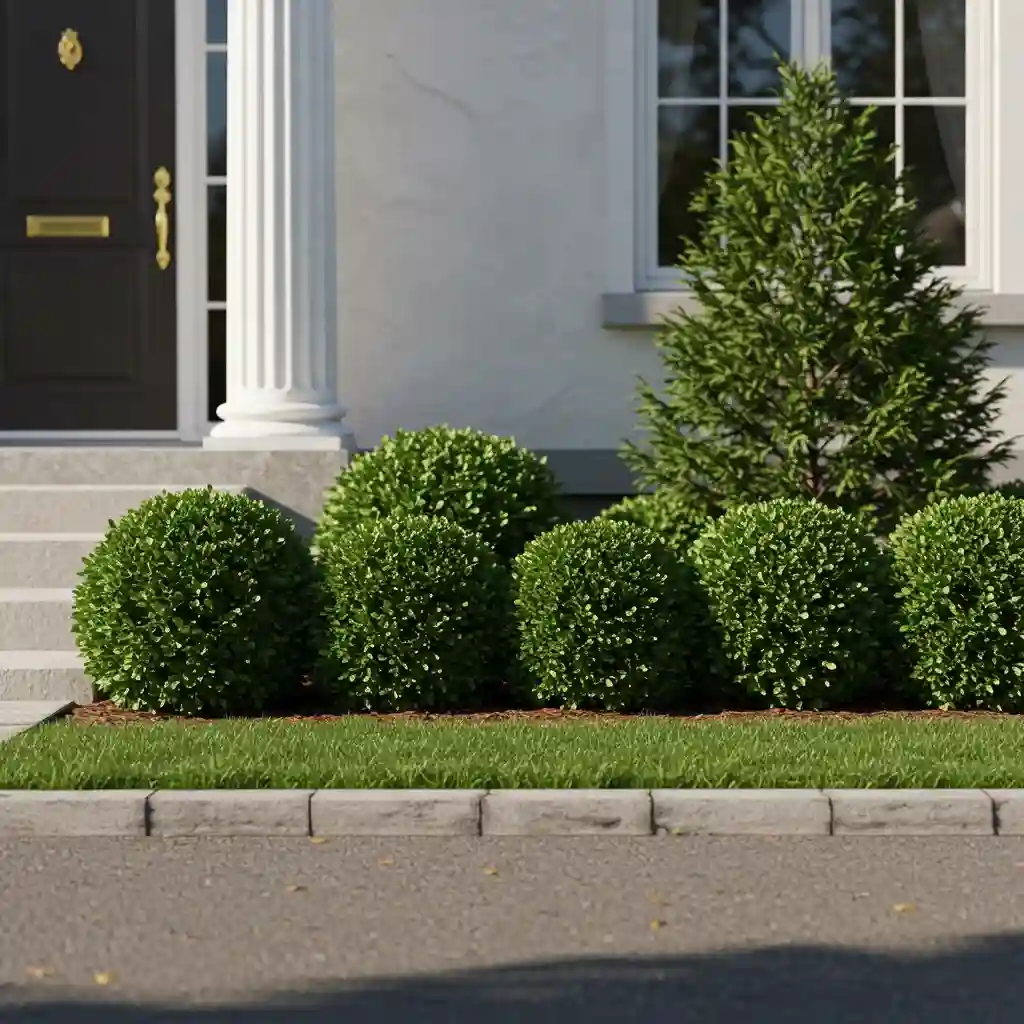 A simple front yard landscape using hardy evergreen shrubs for year-round structure.