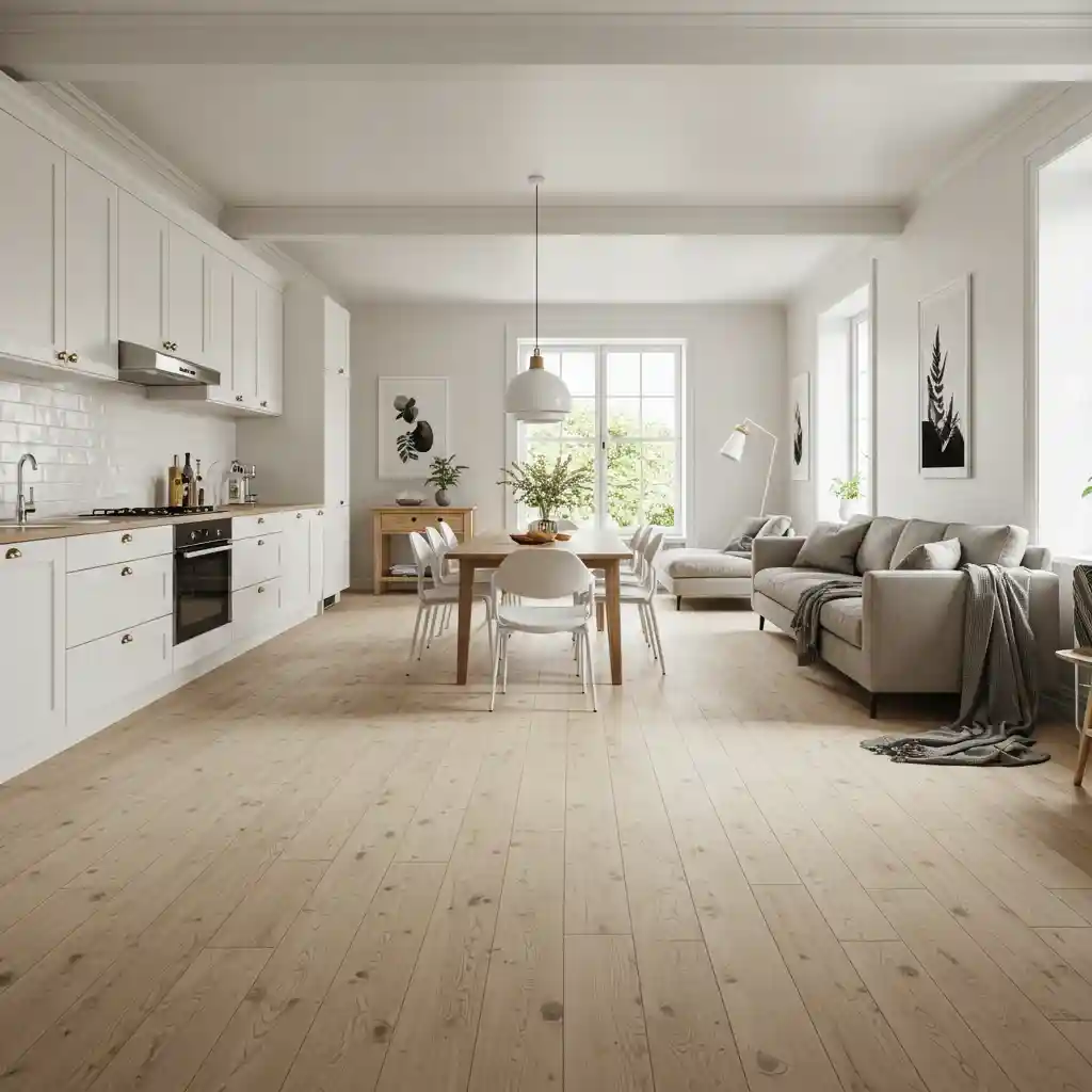 An open-plan living room and kitchen with continuous hardwood flooring for a cohesive look.