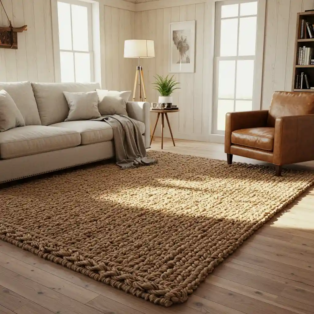 A large, natural fiber jute rug anchoring the seating area in a modern rustic living room.