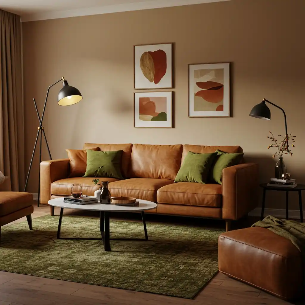 A cozy living room decorated in a warm, earthy color palette of beige, caramel, and olive green.