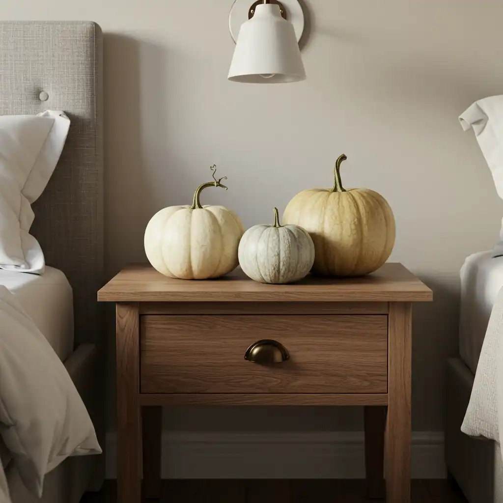 A sophisticated, neutral fall bedroom vignette with a collection of small, white and pale green heirloom pumpkins.