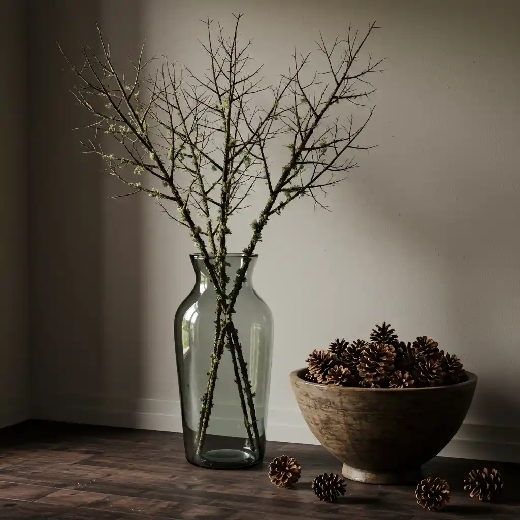 A charming and simple autumn decor idea using foraged natural elements like tall branches and pinecones.