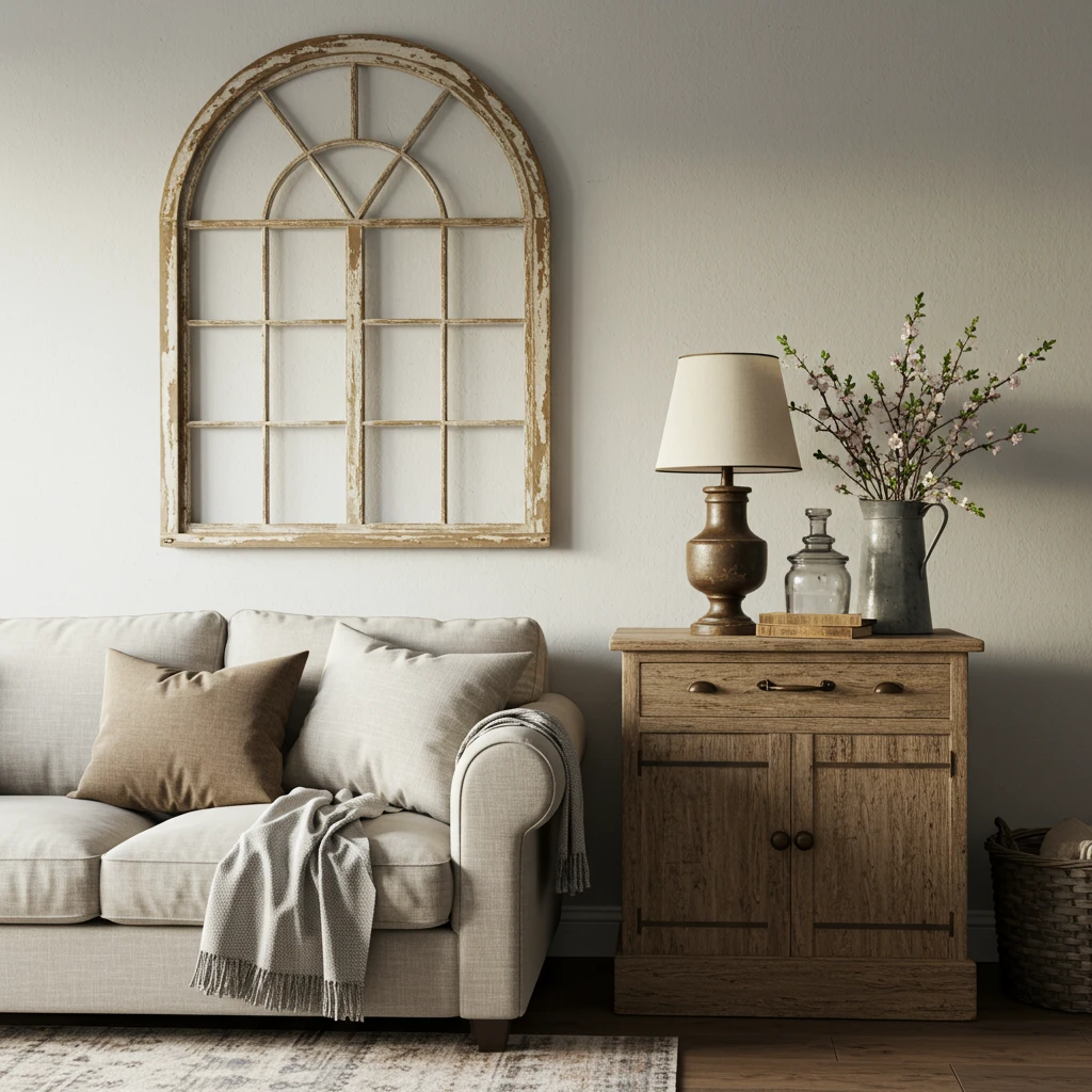 A living room showing Joanna Gaines's signature mix of old and new, with a vintage window frame as art.