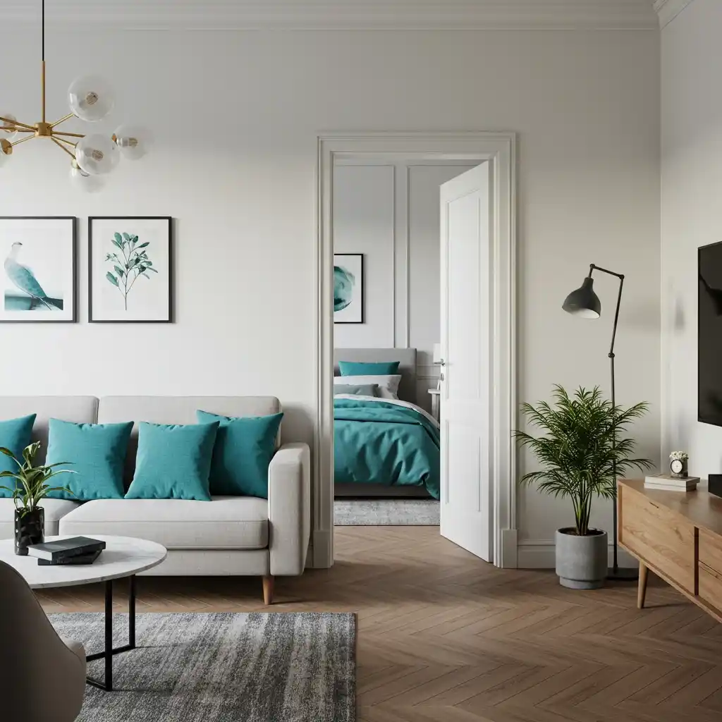 A one-bedroom apartment with a cohesive color palette of white and teal that flows from the living room to the bedroom.