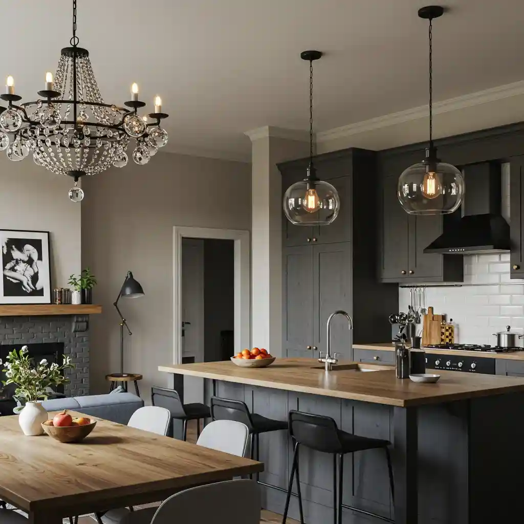 A cohesive lighting plan in an open-concept space, with matching metal finishes on the kitchen pendants and living room chandelier.
