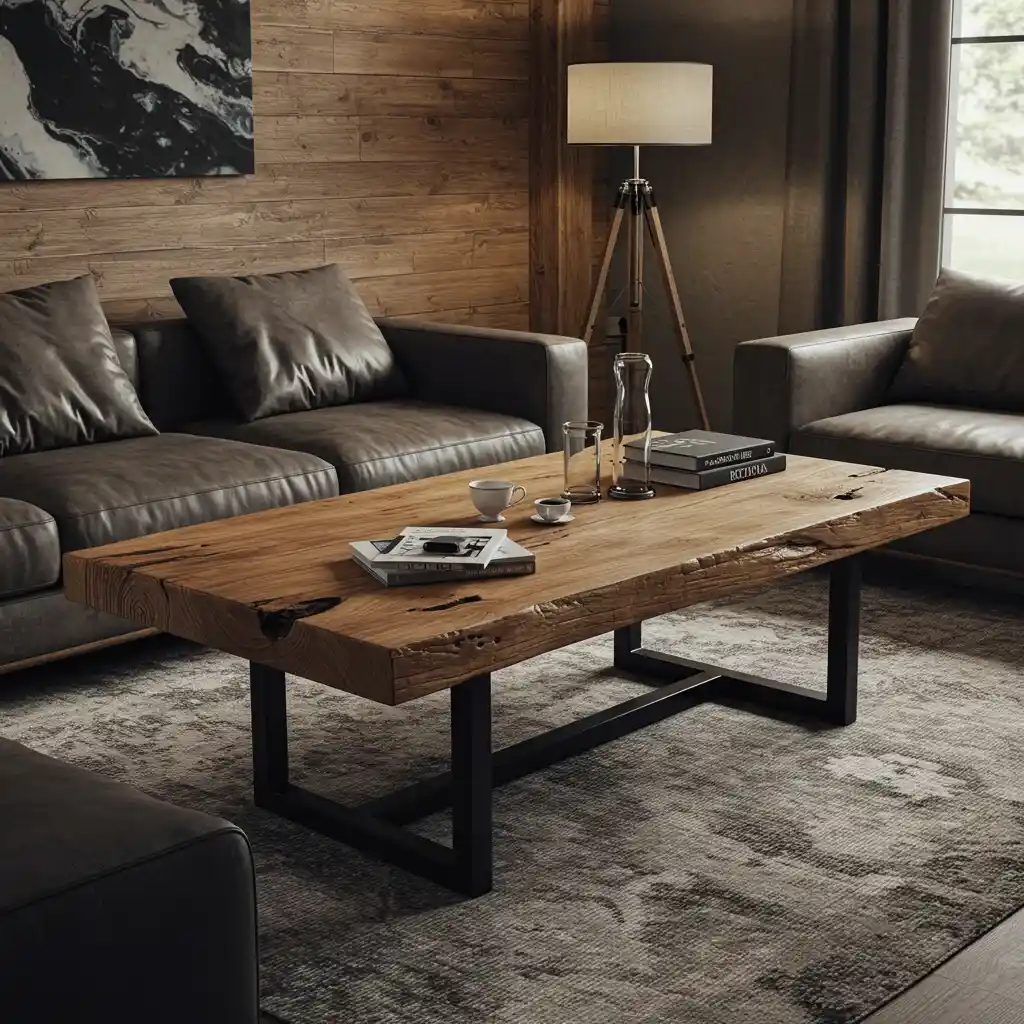 A minimalist, solid, reclaimed wood coffee table on a metal base in a modern rustic living room.